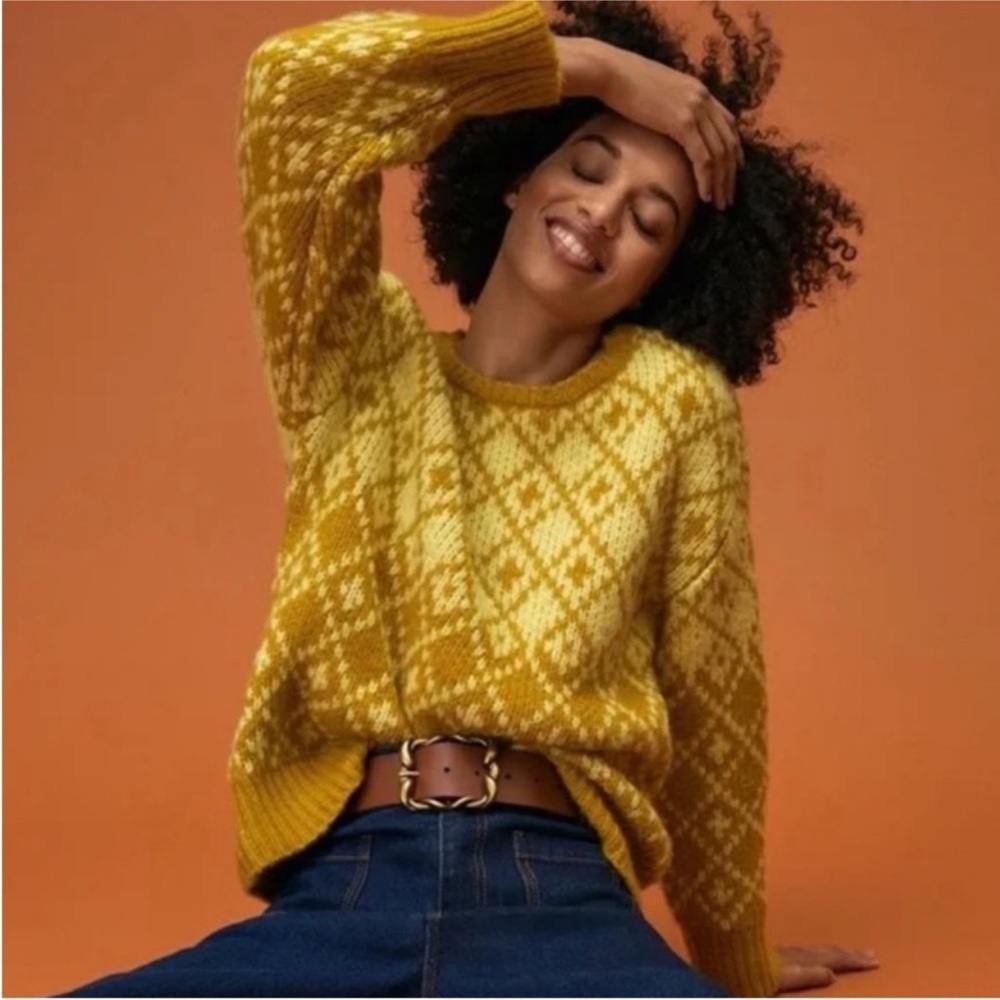 Anthropologie Maeve Sigfried Mustard Argyle Crewneck Sweater PSL Size Small
